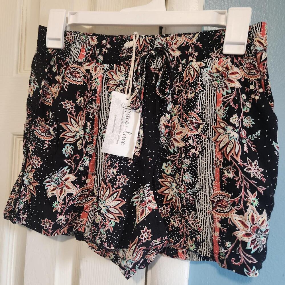 Grace lace black rayon shorts with floral and paisley print in pink, orange